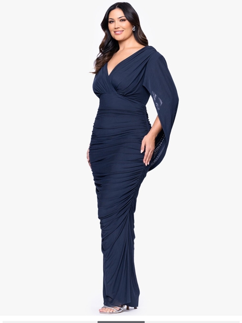 Betsy & Adam Mesh Cape V-Neck Gown Dress Navy Draped Maxi Size 14 (Damage)